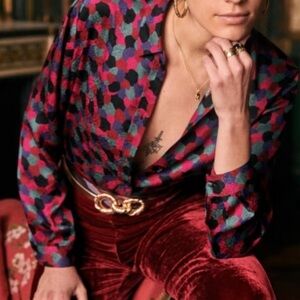 New SEZANE Ann mosaique button down silk blouse